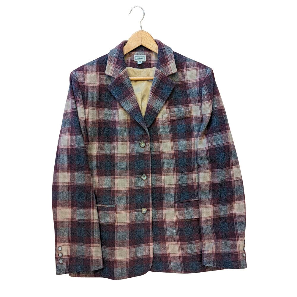L.L Bean Women's Wool/Cashmere Coat Blazer Jacket Reddish Brown Plaid Sz 18R